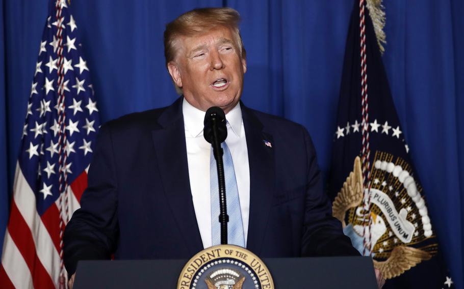 President Donald Trump speaks at his Mar-a-Lago estate on Jan. 3, 2019, in Palm Beach, Fla. Trump said in a social media post that he expects to be arrested Tuesday as a New York prosecutor is eyeing charges in a case examining hush money paid to women who alleged sexual encounters with the former president. Trump provided no evidence that suggested he was directly informed of a pending arrest and did not say how he knew of such plans.
