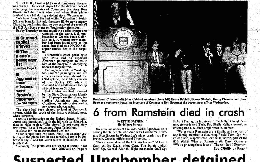 The April 5, 1996, front page of The Stars and Stripes’ European edition, whose main headline reads, “No survivors aboard Brown’s Balkan flight” a subhed reads, “6 from Ramstein died in crash”.