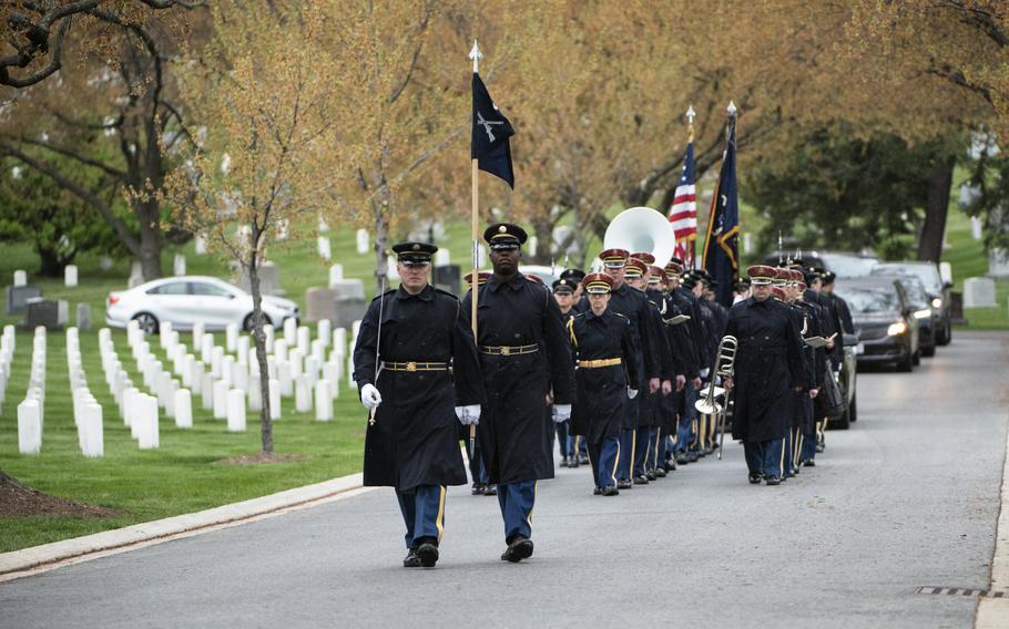 Soldiers from the 3d U.S. Infantry Regiment (The Old Guard) and the U.S. Army Band, “Pershing’s Own,” conduct military funeral honors with funeral escort for U.S. Army Air Forces Sgt. Irving Newman in Section 4 of Arlington National Cemetery, Arlington, Va., April 11, 2024. 