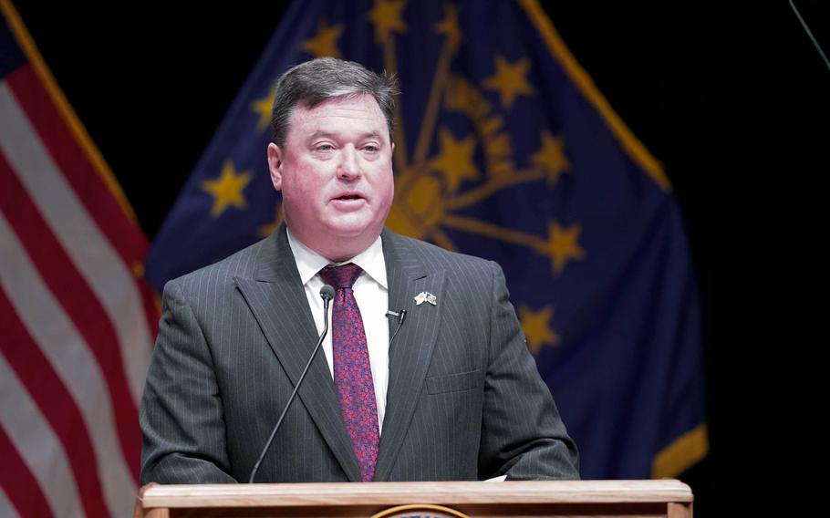 Indiana's attorney general Todd Rokita speaks in Indianapolis on Jan. 11, 2021. Indiana's ban on telemedicine consultations between doctors and women seeking abortions and several other abortion restrictions are back in force after a federal appeals court ruling on Wednesday, Sept. 8, 2021. Rokita, hailed the appeals court decision.