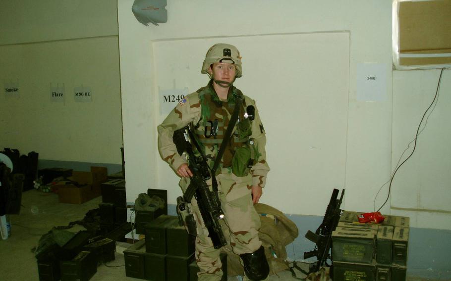Dawn Halfaker suffered a life-threatening injury that ended her Army service. She is shown here in 2004 during deployment in Iraq. As a civilian, she launched a firm providing technology to government agencies. She sold the business in 2021 for $250 million. 