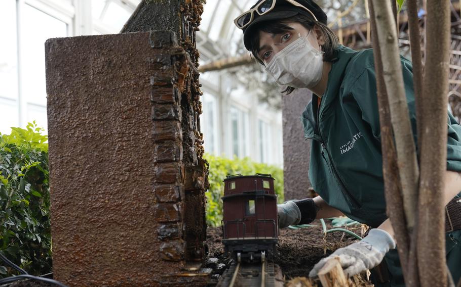 Ava Roberts sets up miniature brownstone buildings along the tracks during the preparations for the annual Holiday Train Show at the New York Botanical Garden in New York, Thursday, Nov. 11, 2021. The show, which opens to the public next weekend, features model trains running through and around New York landmarks, recreated in miniature with natural materials.