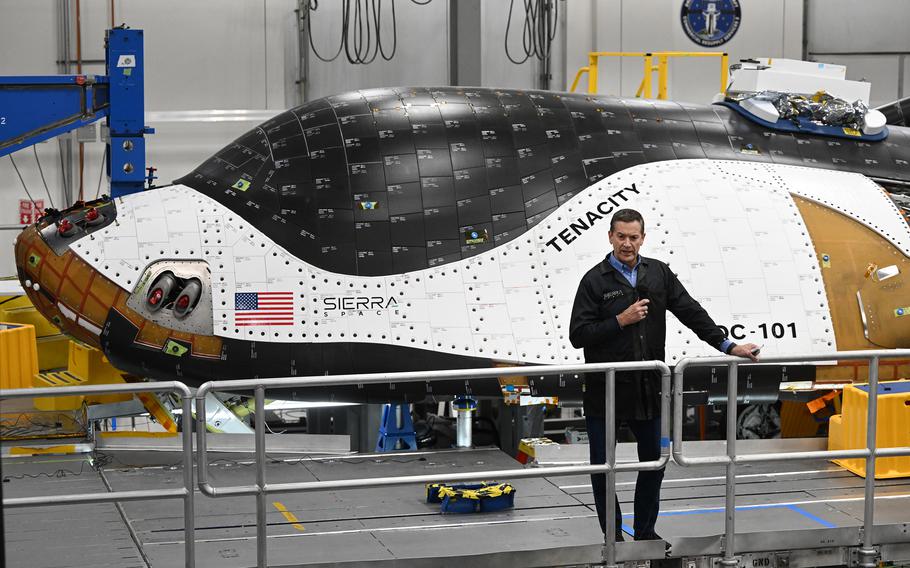 Tom Vice, CEO of Sierra Space, talks to hundreds of employees in front of the Dream Chaser to thank them for their work at Sierra Space on Oct. 30, 2023, in Louisville, Colo. 