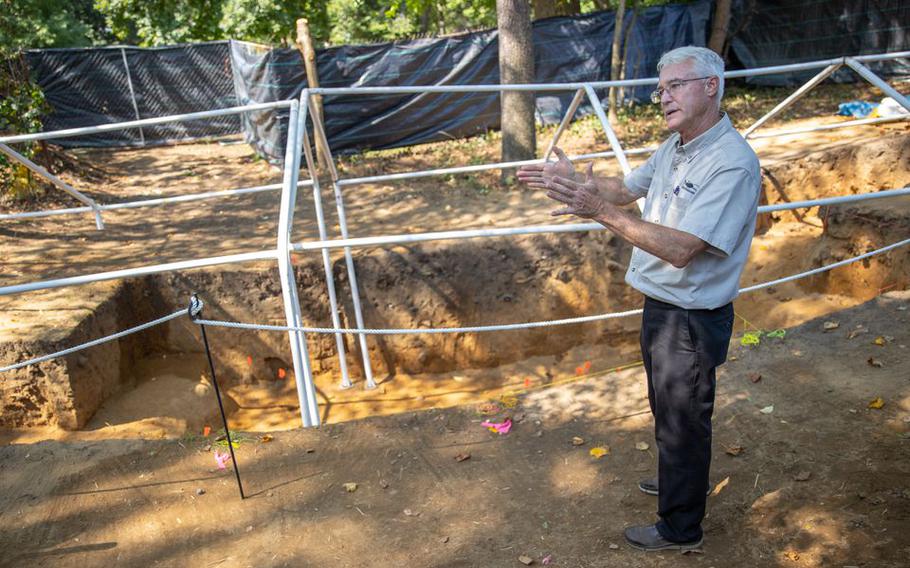 Wade Catts, president/principal archaeologist with South River Heritage Consulting, speaks about the dig site in National Park, N.J., on Aug. 2, 2022. Archaeologists discovered 14 sets of remains of possible Hessian soldiers from the 1777 Battle of Red Bank.