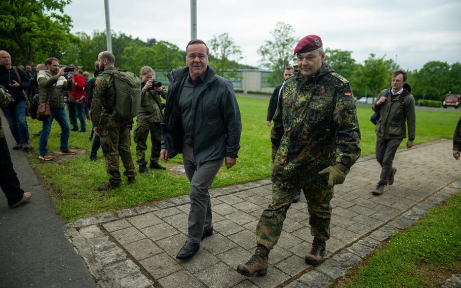 Lt. Gen. Alfons Mais, head of the German ground forces, welcomes Defense Minister Boris Pistorius during a visit in Hammelburg, Germany, on May 16, 2023. Mais said in a letter this week that the German army is missing everything "from A to Z."