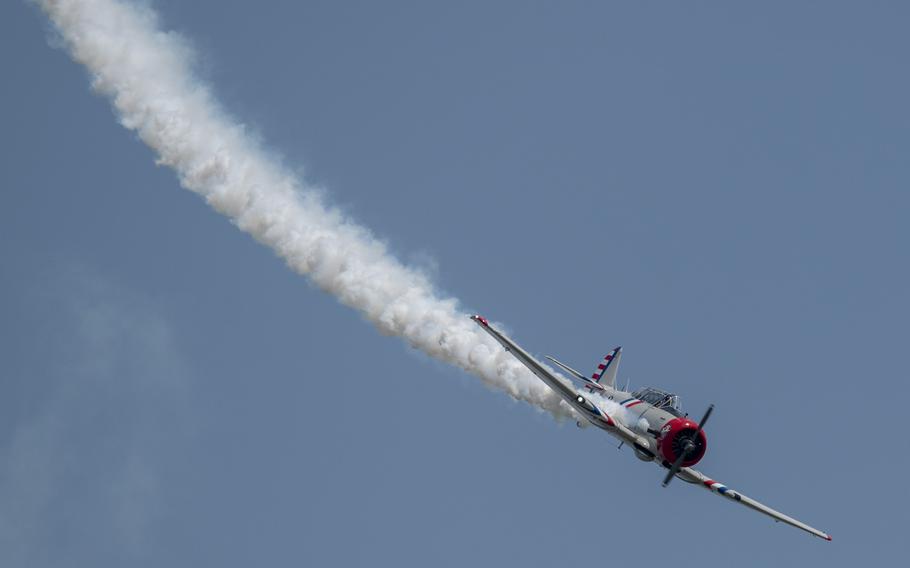 A P-51 Mustang aircraft performs an aerial maneuver during the Charleston Airshow at Joint Base Charleston, S.C., Saturday, April 20, 2024.