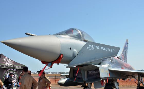 A German air force Typhoon fighter is displayed for an open-base event at Royal Australian Air Force Base Darwin in August 2022. 