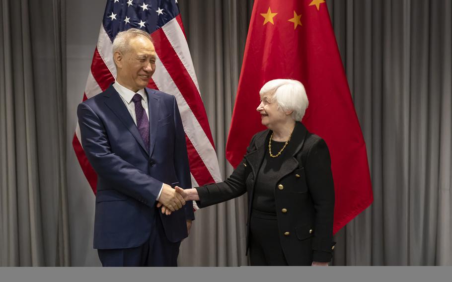 Treasury Secretary Janet Yellen, right, shakes hands with China’s Vice-Premier Liu He during a bilateral meeting in Zurich, Switzerland on Wednesday, Jan. 18, 2023. 