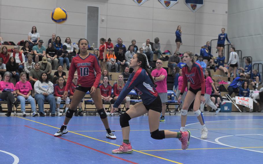 Aviano's Oriana Lealiifano gets set to make a return as Sophia Fisher, left, and Kaycee Spence watch on Saturday, Oct. 29, 2022.