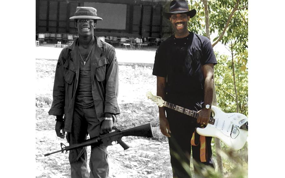 Kimo Williams superimposed two images of himself standing in the same spot in Lai Khe, Vietnam. The first photo was taken of Williams during deployment in October 1970. The second image is from June 1998, when Williams returned while composing “Symphony for the Sons of Nam.”