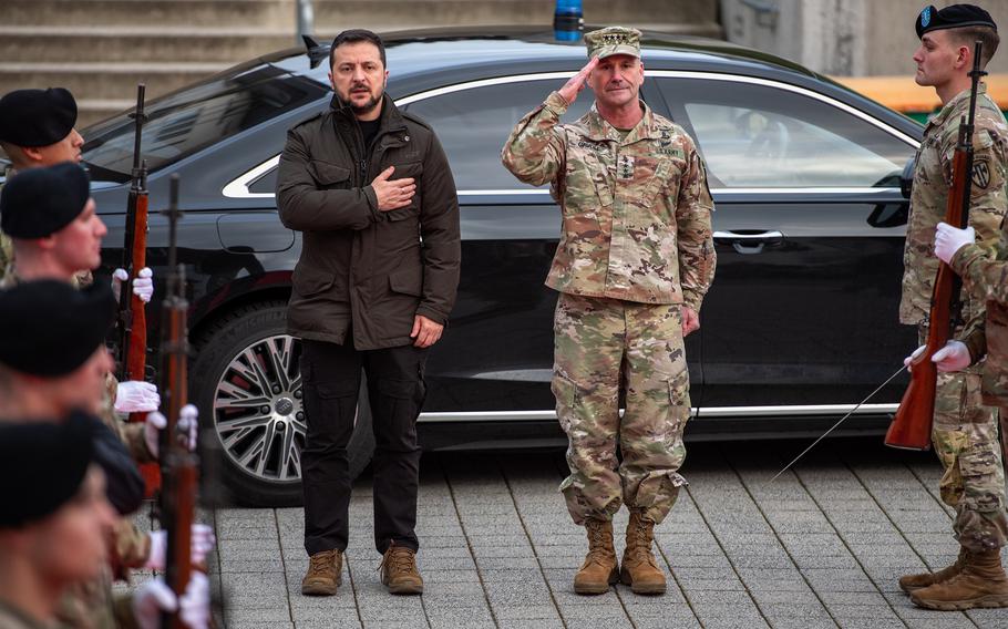 Ukrainian President Volodymyr Zelenskyy meets with European Command chief Gen. Christopher Cavoli in Wiesbaden, Germany, Dec. 14, 2023, to discuss U.S. military assistance.