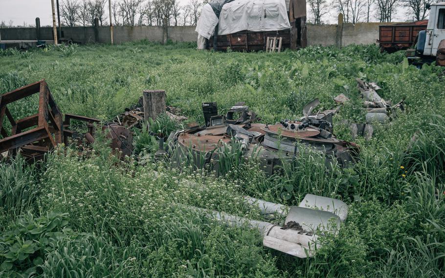 The remains of rockets and Russian military vehicles in a field on Andriy Puryk’s farm in the Kherson region of Ukraine. 