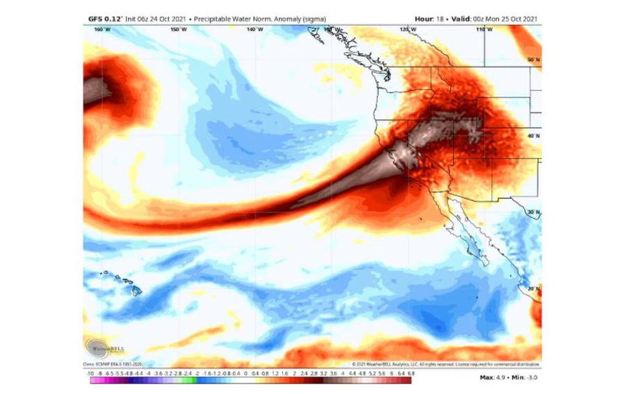The American GFS model simulates the moisture associated with an atmospheric river blasting into California on Sunday, Oct. 24, 2021. 