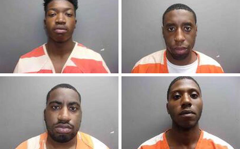 Four Fort Polk, La., soldiers were arrested and charged in connection with a shooting Monday that police said they believe could be related to recent gang activity. Clockwise from top left: Pfc. Trevian J. Cherry, 23; Spc. Joshua D. Galloway VI, 24; Pfc. Tavon M. Williams, 19; and Pfc. Quazier T. Watterson, 19.
