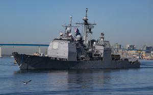 SAN DIEGO – (Nov. 18, 2019) The Ticonderoga-class guided missile cruiser USS Lake Erie (CG 70) transits San Diego Bay. Lake Erie returned to San Diego after a deployment to the U.S. 3rd and 7th Fleet areas of operations in support of security and stability. (U.S. Navy photo by Mass Communication Specialist 1st Class Woody S. Paschall)