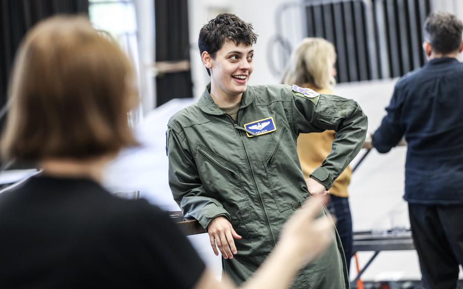 Emily D’Angelo, who plays fighter pilot Jess Kelsen, who is grounded because of pregnancy and reassigned as a drone pilot in the opera “Grounded,” rehearses in the Washington National Opera’s Takoma studio in Washington, D.C.