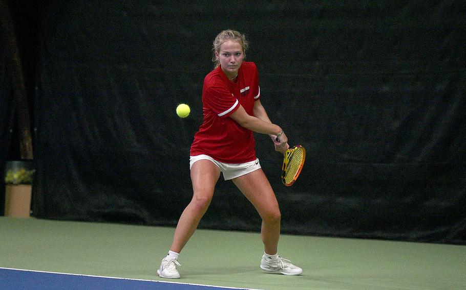 Kaiserslautern's Stella Schmitz prepares to hit a ball during her girls singles semifinal match against Stuttgart's Isabel Williams during the DODEA European tennis championships on Oct. 20, 2023, at T2 Sports Health Club in Wiesbaden, Germany.