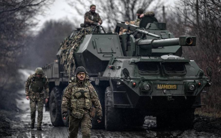 In an undated photo, Ukrainian soldiers move a self-propelled Dana howitzer donated by the Czech Republic during combat operations in Ukraine. In 1999, the Czech Republic was one of three former members of the Warsaw Pact to join NATO.