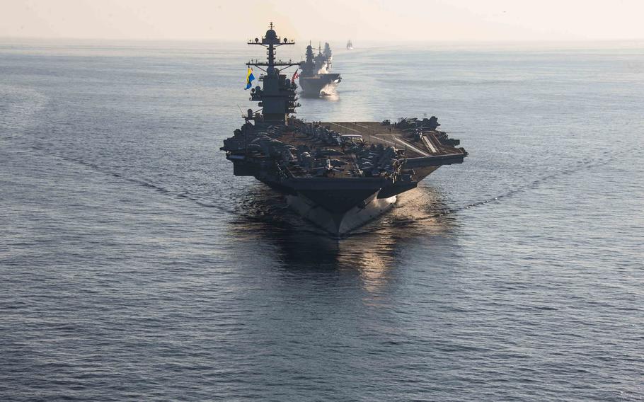 The aircraft carrier USS Gerald R. Ford steams in formation in the Ionian Sea on Oct. 4, 2023. The Ford arrived in the eastern Mediterranean on Tuesday, Oct. 10, 2023, according to U.S. Central Command.