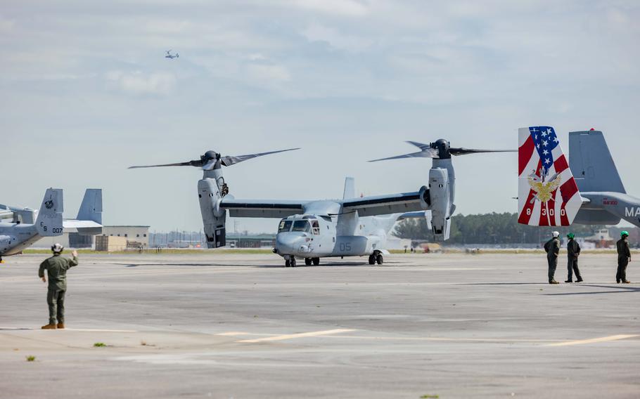 An MV-22B Osprey assigned to Marine Medium Tiltrotor Squadron 162 (VMM-162) Reinforced prepares to offload Marines returning from deployment with the 26th Marine Expeditionary Unit, Marine Corps Air Station New River, N.C., Saturday, March 16, 2024.