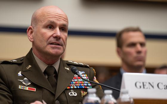 Army Gen. Christopher G. Cavoli, commander, U.S. European Command, and NATO's Supreme Allied Commander Europe, provides testimony at a House Armed Services Committee hearing on national security challenges and U.S. military activity in Europe, 2118 Rayburn House Office Building, Washington, D.C., April 10, 2024. (DoD Photo by Navy Petty Officer 1st Class Reina J. Delgado)