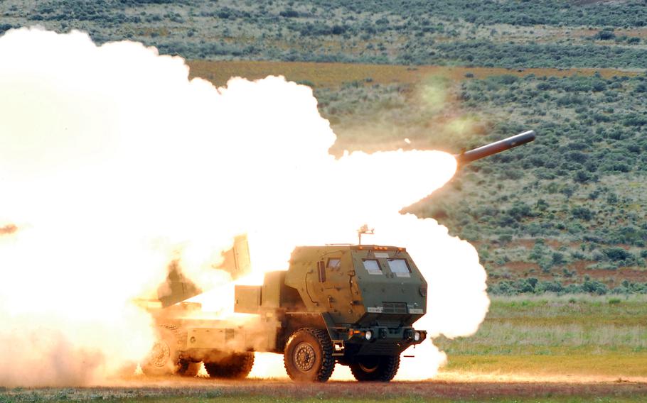 A rocket leaves the High Mobility Artillery Rocket System at Yakima Training Center, Wash., in 2010. 