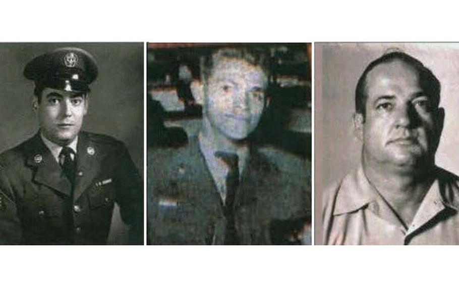 Side-by-side, 1960s-era portraits of three service members, two in dress uniforms and one in a white-collared shirt.
