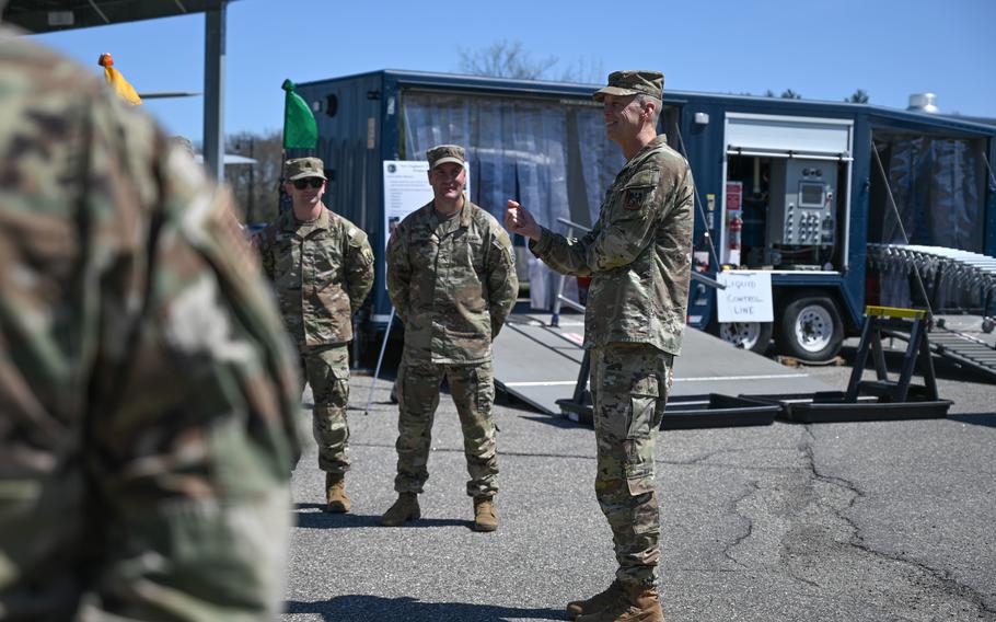 Army Gen. Daniel Hokanson, chief of the National Guard Bureau, speaks May 3, 2022, with members of the 12th Civil Support Team of the New Hampshire National Guard at Pease Air National Guard Base, N.H. 