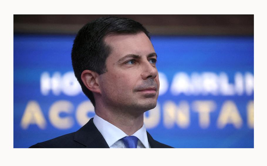 Secretary of Transportation Pete Buttigieg attends a ceremony on the White House grounds in Washington, D.C., on May 8, 2023.