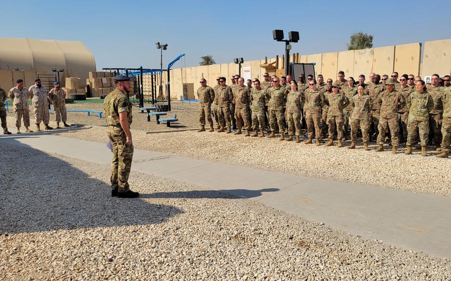 American and British service members mark Veterans Day and Rememberance Day at Baghdad Diplomatic Support Center, Iraq, Nov. 11, 2022. The Baghdad Diplomatic Support Center was the target of a rocket attack in the early morning hours of Oct. 20, 2023.