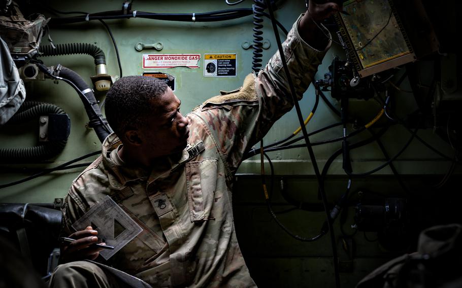 Staff Sgt. Jonathan Jones mans a tactical operations center post during Exercise Combined Resolve 17 at the Joint Multinational Readiness Center, in Hohenfels, Germany, June 8, 2022. Moving to forward locations in the battle space allows crews to communicate more effectively and produce important redundancies during fast-moving battlefield developments.