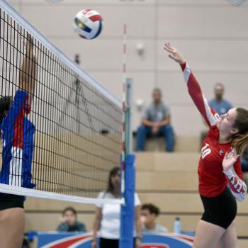 Kaiserslautern’s Mariska Campbell hits the ball during the Raiders’ match against Ramstein on Saturday at Ramstein Air Base, Germany. 