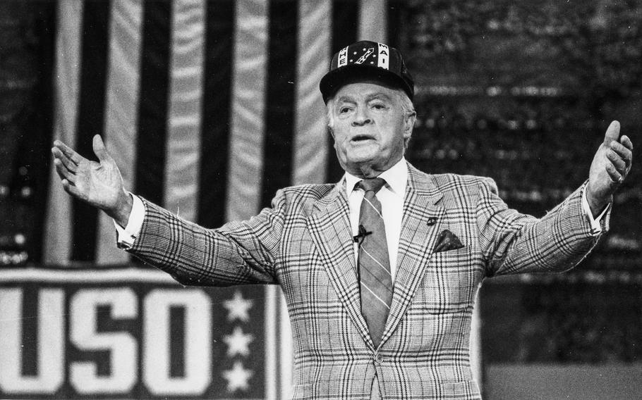 May, 1990: Bob Hope sports a Rhein-Main AB jacket while saying goodbye on what was billed as his farewell tour of American overseas bases.