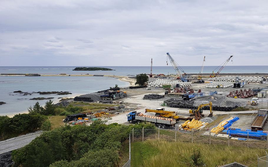 Construction work continues at the site of a new runway into Oura Bay at Camp Schwab, Okinawa, Jan. 19, 2019.