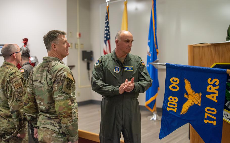 The guidon for the Air National Guard’s newest tanker squadron is revealed during the 170th assumption of command ceremony Thursday, March 7, 2024, at Joint Base McGuire-Dix-Lakehurst, N.J.