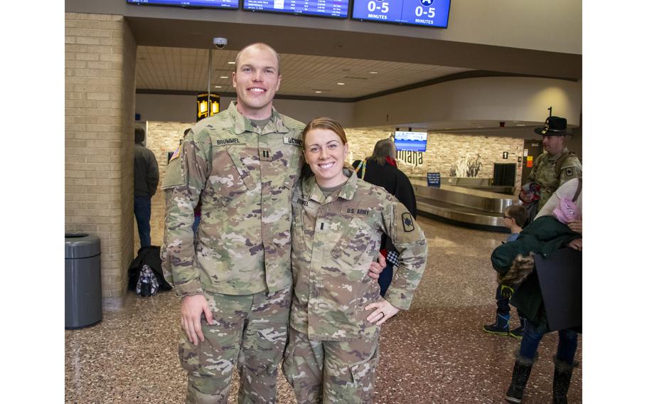 Husband and wife duo, Capt. Sheldon Brummel and 1st Lt. Courtney Brummel, return home from a 10-month overseas deployment Jan. 13, 2024, at Eppley Airfield in Omaha, Neb. 