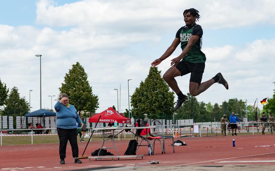 Fredrick Boateng of Boateng of Naples won the boys long jump competition at the 2025 DODEA European Track and Field Championships with a jump 20 feet 8¾ inches on May 22, 2025.