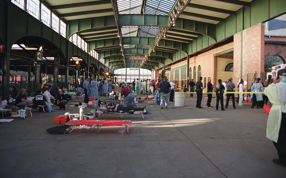 First responders prepare for the influx of wounded from the attack on the World Trade Centers in New York, Sept. 11, 2001.