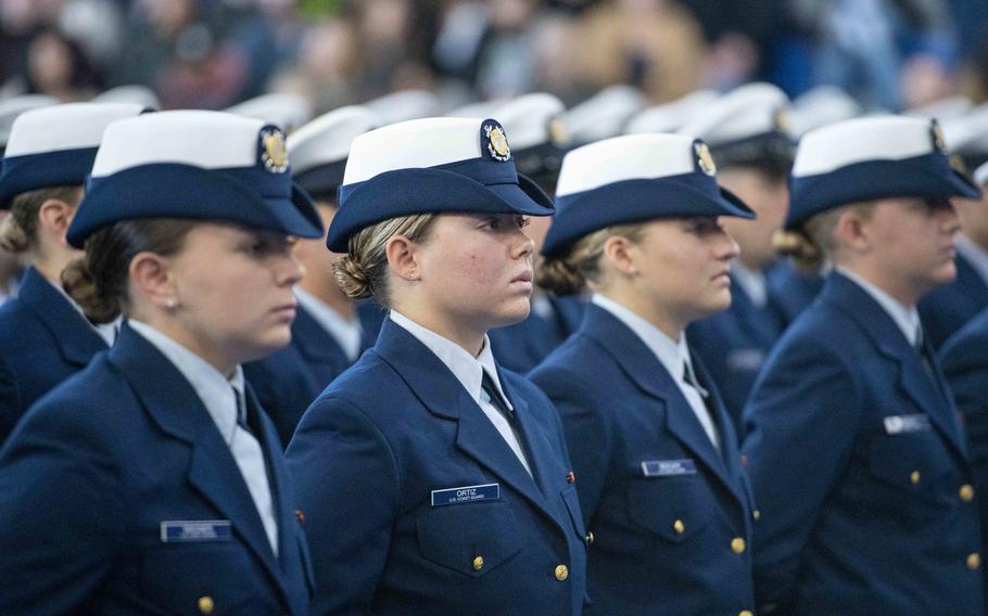 Graduates from recruit company X-202 complete basic training at U.S. Coast Guard Training Center Cape May, N.J., on Nov. 18, 2022. 