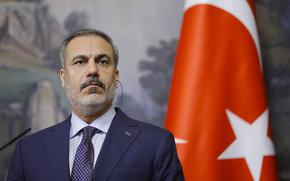 Turkish Foreign Minister Hakan Fidan attends a briefing in Moscow, Russia, on Aug. 31, 2023. Fidan warned on Wednesday Oct. 4, 2023 that Kurdish militants behind a suicide bombing in the Turkish capital face robust retaliation against their group’s positions in Syria and Iraq. 