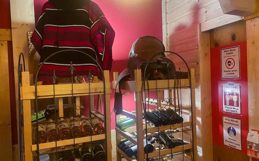 An assortment of Chilean wines for sale at Chacarero in Kaiserslautern, Germany. The steakhouse owner's wife is a native of Chile, and the decor is replete with cultural references to the South American country.