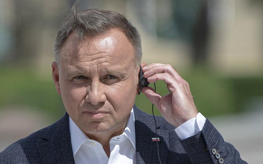 Polish President Andrzej Duda attends a briefing in Kyiv, Ukraine, on Aug. 23, 2022. Russian comedians pretending to be the French president tricked Duda into giving them sensitive information after a missile exploded in eastern Poland last week. 