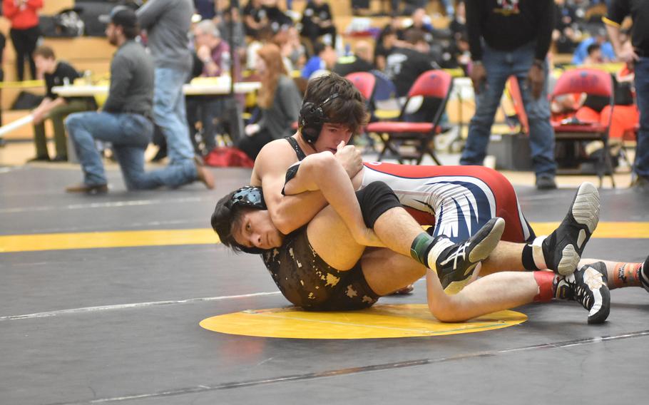 Stuttgart’s Christian Groves looked to be in a bit of trouble against Aviano’s Jevan Smith at 150 pounds, but went on to win at the DODEA European Wrestling Championships Friday, Feb. 9, 2024.