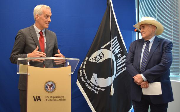 Veterans Affairs Secretary Denis McDonough and Rep. John Carter, R-Texas, chairman of the House Appropriations Committee’s subpanel for military construction and veterans affairs, held a news conference May 30, 2023, after they toured the Cedar Park VA Clinic.