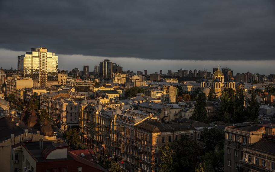 Nightfall over the city of Kyiv, Ukraine, following a rainstorm on Aug. 8, 2022. 