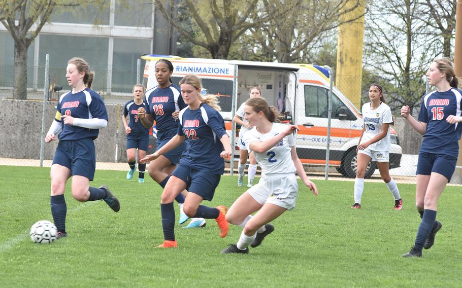 Sigonella's Isabella Naselli and a host of Aviano players watch her shot on goal Saturday, April 15, 2023, in the Jaguars' 4-1 victory.