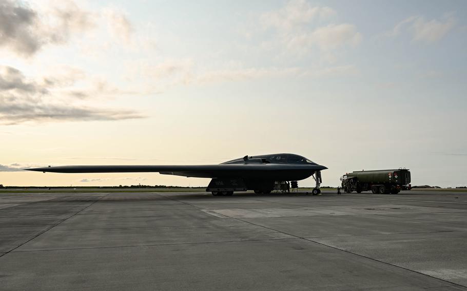 A B-2 Spirit bomber assigned to Whiteman Air Force Base, Mo., quickly refueled at Orland Air Base in Norway on Aug. 29, 2023. It's one of three B-2s that are operating out of Keflavik Air Base in Iceland. 