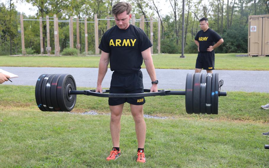 Soldiers take the Army Combat Fitness Test at Blue Mountain Track at Fort Indiantown Gap, Pa., on Sept. 9, 2023. 