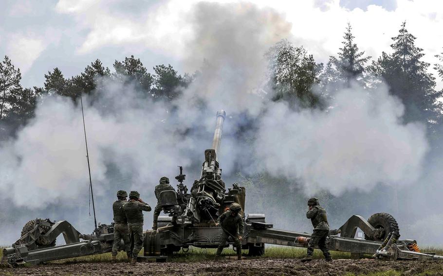 Soldiers with the Spanish army's 63rd Field Rocket Launcher Artillery Regiment fire during Dynamic Front 21, May 19, 2021 at Grafenwoehr Training Area, Germany. The exercise includes troops from 15 nations, including the United States.