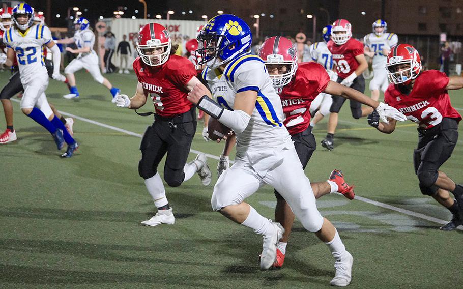Yokota's Dylan Tomas controlled the Panthers' rushing attack Friday, Sept. 30, 2022 at Berkey Field in Yokosuka, Japan. leading the visiting Yokota Panthers over their host Kinnick Red Devils 21-20. Tomas had 255 offensive yards and accounted for all three Panthers touchdowns.